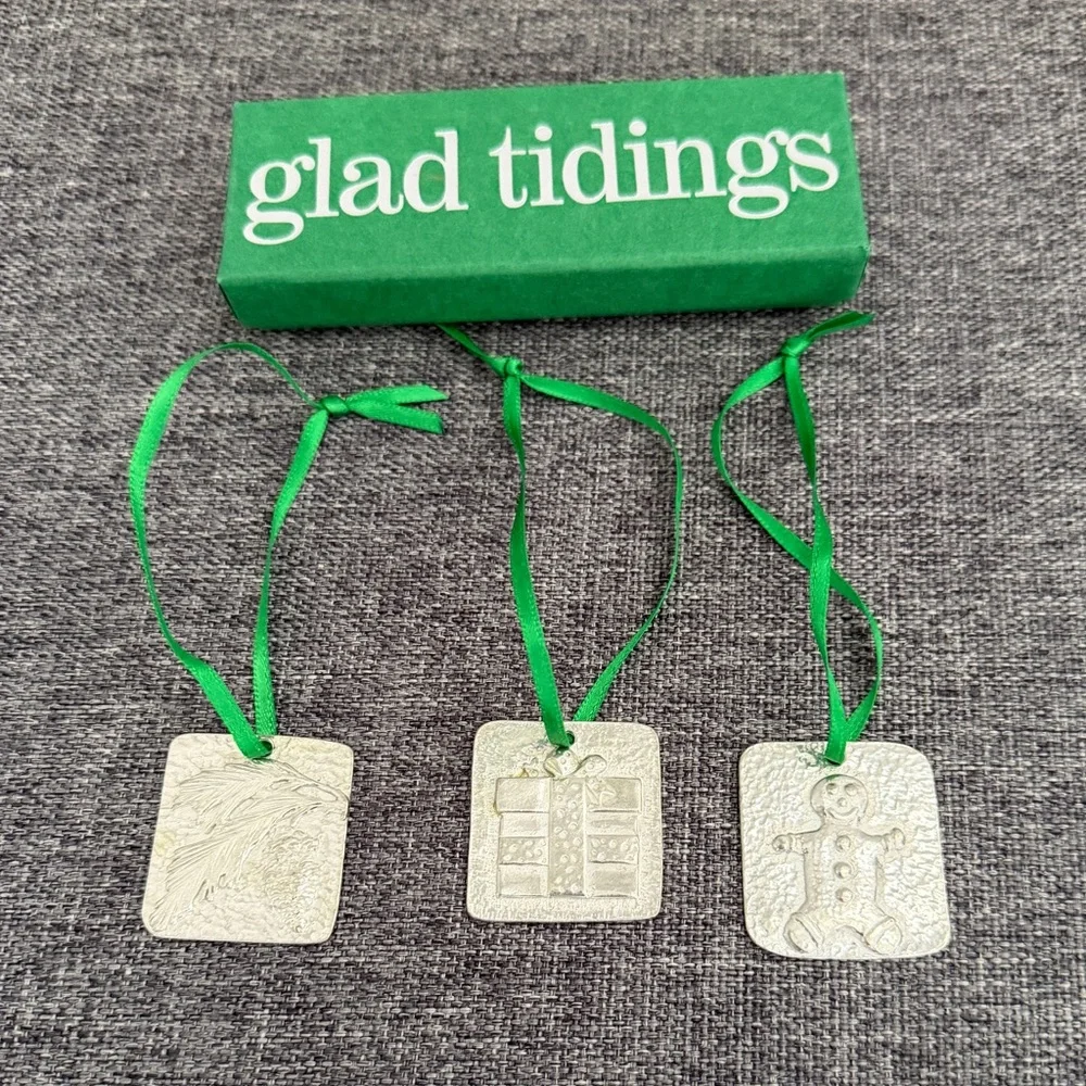 Vilmain Vintage 2002 Square Pewter Christmas Ornaments Set of 3 Glad Tidings Box